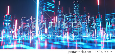 Futuristic city night view, neon light visuals 131895506