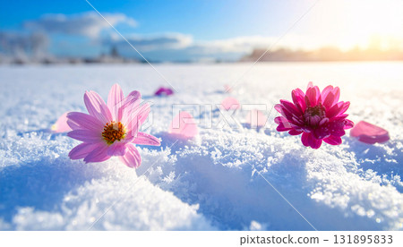 Surreal composition snowflakes morph into flower petals, marking the shift from winter holiday 131895833