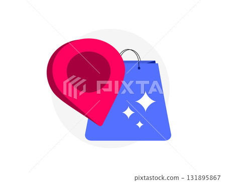 Store location - red map pin icon with sparkling blue shopping bag, enabling geolocated retail discovery and nearby e-commerce navigation for seamless customer experiences. Vector illustration 131895867