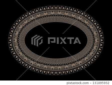 Oval gold porcelain plate with arabesques, floral ornament. Patterns of Greece, ancient Rome. Oval gold european border. Typical egyptian, chinese, greek motive. For textile, embroidery, porcelain 131895932