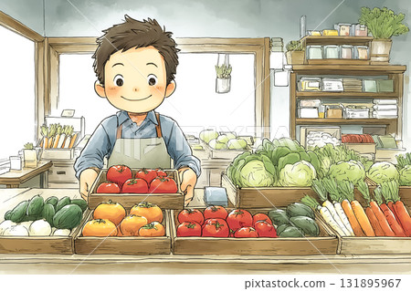 一名男店員從木箱中取出新鮮蔬菜，擺放在商店前的場景 131895967