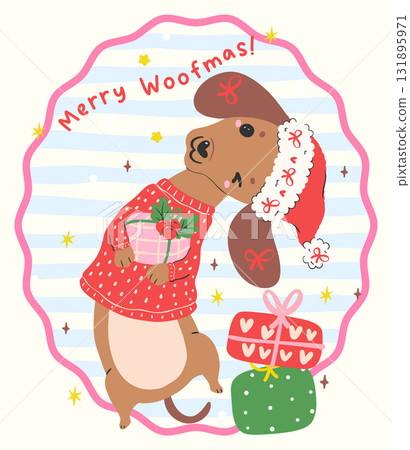 Christmas Dachshund Dog Hugging Gift Present Box Hand Drawn Festive Cartoon Illustration Greeting card printable Christmas Dachshund Dog Hugging Gift Present Box Hand Drawn Festive Cartoon Illustration Greeting card printable 131895971