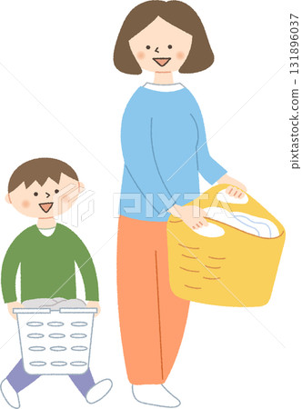 Parent and child carrying laundry 131896037