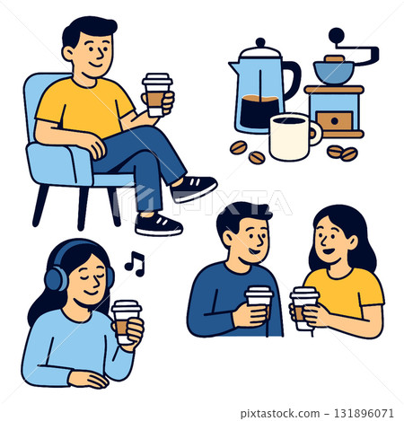 People drinking coffee, relaxing, talking, and listening to music, coffee maker and cup shown People drinking coffee, relaxing, talking, and listening to music, coffee maker and cup shown 131896071