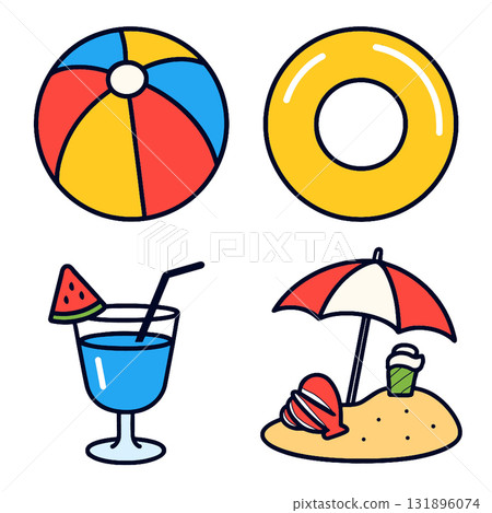 Beach ball, swim ring, blue drink, umbrella, sand, and seashell evoke fun summer beach vibe 131896074