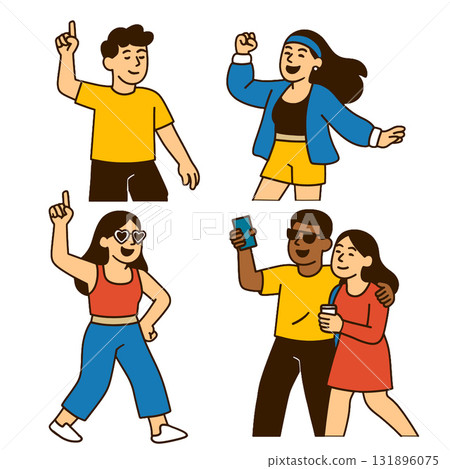 Group of happy people dancing, taking selfie, and enjoying together, casual clothing Group of happy people dancing, taking selfie, and enjoying together, casual clothing 131896075