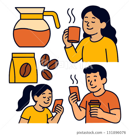 Coffee pot woman man girl cup bag bean happy hot drink morning 131896076