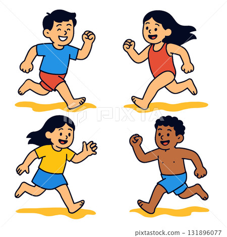 Children running on sand, smiling, wearing swimwear and casual clothes, joyful summer activity 131896077
