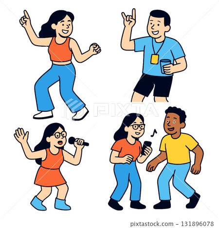 Happy woman dancing, man with drink, woman singing, two friends talking, casual fun event Happy woman dancing, man with drink, woman singing, two friends talking, casual fun event 131896078