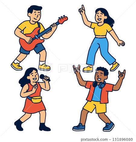 Group of young people playing guitar, singing, and dancing, joyful and energetic music scene 131896080