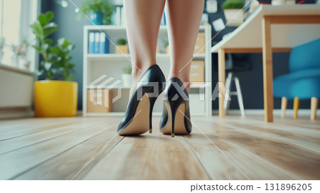 Young woman in heels at home office with modern decor and indoor plants 131896205
