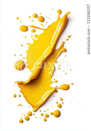 Vibrant yellow paint splatter on white surface displaying dynamic artistic movement 131896207