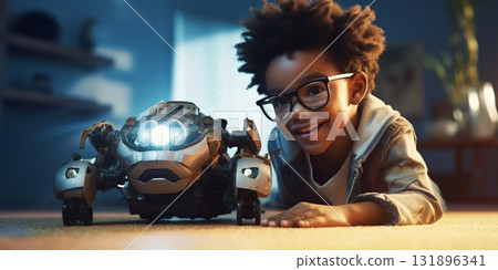 Child's Joyful Discovery with a Friendly Robot. Generative ai 131896341