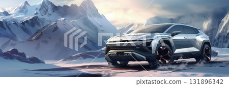 Futuristic All-Terrain Vehicle in a Snowy Mountain Landscape. Generative ai 131896342