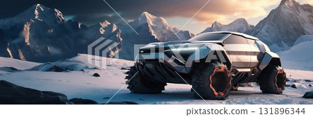 Futuristic All-Terrain Vehicle in a Snowy Mountain Landscape. Generative ai 131896344