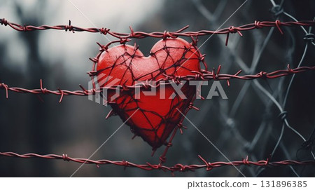 Love in Hardship: Heart Entwined with Barbed Wire. Generative ai 131896385