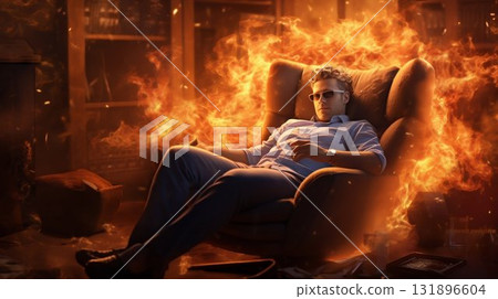 Calm Man Unperturbed by Surrounding Flames. Generative ai Calm Man Unperturbed by Surrounding Flames. Generative ai 131896604