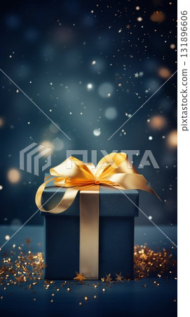 Elegant Festive Gift Box with Golden Ribbon on Starry Background. Generative ai 131896606