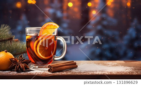 Aromatic Mulled Wine in Glass Mug with Citrus and Spices. Generative ai 131896629
