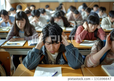 group of Japanese students in a classroom, visibly stressed and overwhelmed as they struggle with their exams group of Japanese students in a classroom, visibly stressed and overwhelmed as they struggle with their exams 131896647