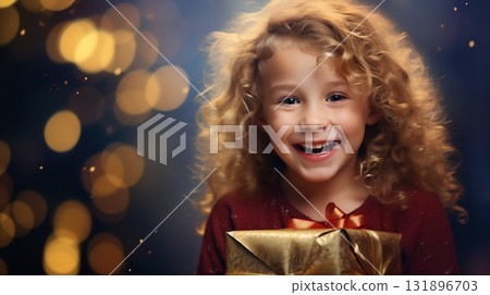 Child's Joyful Holiday Moment with a Glittering Gift. Generative ai 131896703