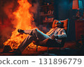 Calm Man Unperturbed by Surrounding Flames. Generative ai 131896779