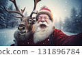 Cheerful Santa Claus with a Laughing Reindeer selfie in a Snowy Landscape. Generative ai 131896784