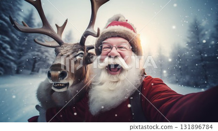 Cheerful Santa Claus with a Laughing Reindeer selfie in a Snowy Landscape. Generative ai 131896784