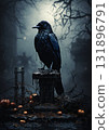 Majestic Raven Perched Atop a Gothic Tombstone. Generative ai 131896791