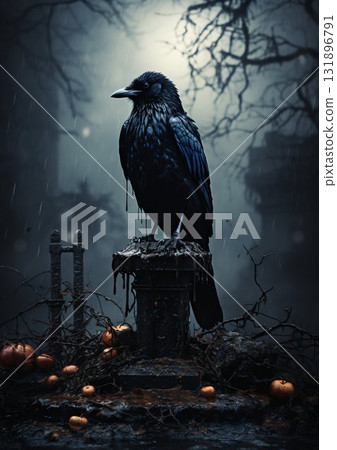Majestic Raven Perched Atop a Gothic Tombstone. Generative ai 131896791