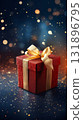 Elegant Festive Gift Box with Golden Ribbon on Starry Background. Generative ai 131896795