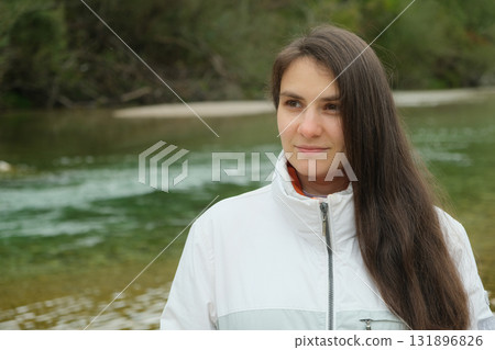 Portrait of Brunette Woman in Nature with Copy Space, Background Concept Portrait of Brunette Woman in Nature with Copy Space, Background Concept 131896826