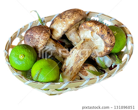 Autumn flavors: Matsutake mushrooms and sudachi citrus in a basket on a white background Autumn flavors: Matsutake mushrooms and sudachi citrus in a basket on a white background 131896851