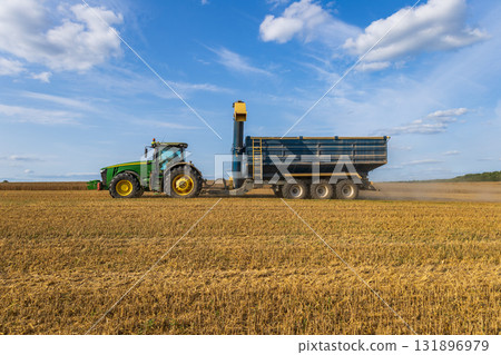 Tractor pulls a trailer across a harvested field, working efficiently to collect crops as dust rises under the sunny sky 131896979