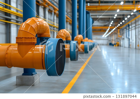 Orange and Blue Industrial Pipes in Modern Warehouse with Bright Lighting and Clean Floor 131897044