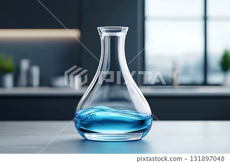 Elegant glass laboratory flask with vibrant blue liquid on a modern kitchen countertop 131897048
