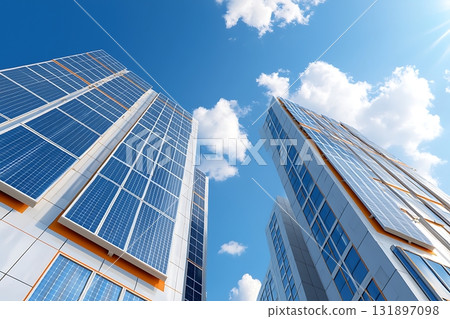 Modern skyscrapers with solar panels under a bright blue sky and fluffy clouds above Modern skyscrapers with solar panels under a bright blue sky and fluffy clouds above 131897098