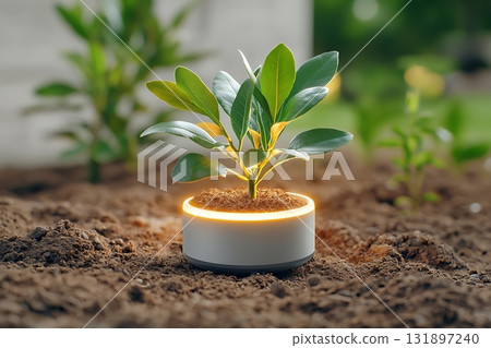 Modern Plant Growing in Smart Pot with Warm Light Surrounded by Soft Soil and Greenery Modern Plant Growing in Smart Pot with Warm Light Surrounded by Soft Soil and Greenery 131897240