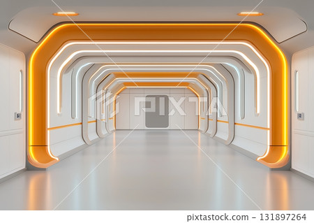 Modern Futuristic Hallway Interior with Orange Lighting in Minimalist Design Modern Futuristic Hallway Interior with Orange Lighting in Minimalist Design 131897264