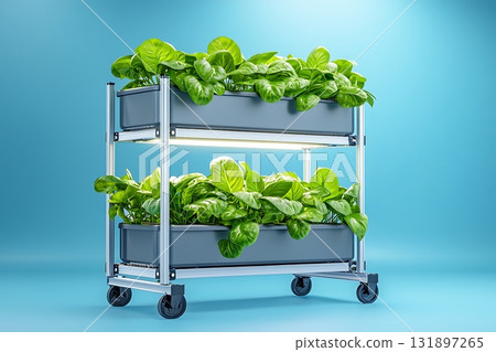 Modern Indoor Gardening System with Two-Tiered Plant Rack and LED Grow Lights 131897265