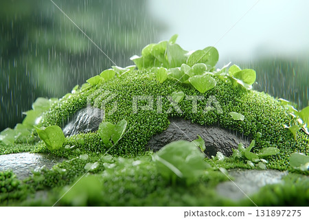 Fresh Green Moss and Leaves on Wet Stone Under Soft Rain in Scenic Natural Environment 131897275