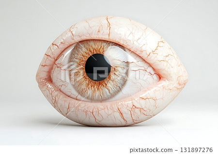 Realistic human eye model with detailed iris and visible blood vessels on a neutral background 131897276