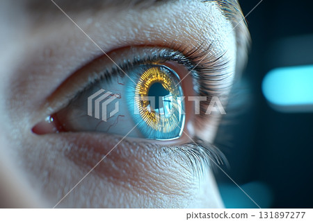 Futuristic Close-Up of a Human Eye with a Glowing Interface and Detailed Iris Patterns 131897277