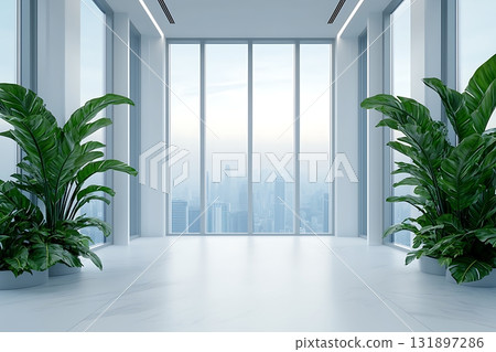 Modern Interior Design with Large Windows and Lush Green Plants in Urban Setting Modern Interior Design with Large Windows and Lush Green Plants in Urban Setting 131897286