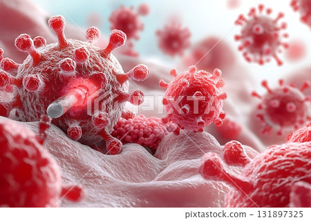Close-up View of Virus Particles Attacking Human Cells Under Microscopic Observation 131897325