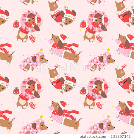 Cute Christmas Seamless Pattern Dachshund Dog Santa Festive Repeat Wallpaper Hand Drawn Background Cute Christmas Seamless Pattern Dachshund Dog Santa Festive Repeat Wallpaper Hand Drawn Background 131897341