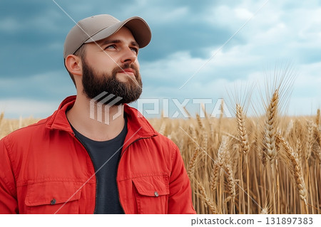 Man in Red Jacket Standing in Wheat Field Under Dramatic Cloudy Sky 131897383