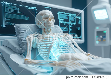 Anatomical Skeleton on Hospital Bed with Medical Equipment and Screens in the Background 131897430
