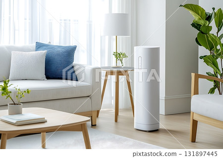 Modern living room with air purifier, cozy sofa, and green plants in bright, airy space 131897445