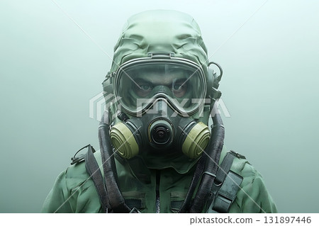 Individual in Protective Gear with Gas Mask Facing Camera in a Foggy Environment 131897446